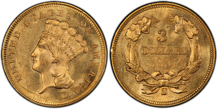 1857-S Three-Dollar Gold Piece. MS-64 (PCGS).
